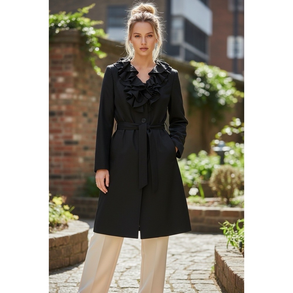 Madison Michelle Women's Black Trench Coat Tiered Ruffled Collar Lined Size 14